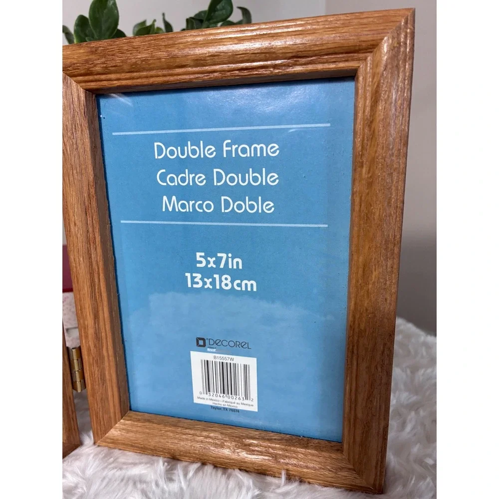 Vintage Double Picture Frame Solid Oak Wood Hinged Folding 5x7 Natural